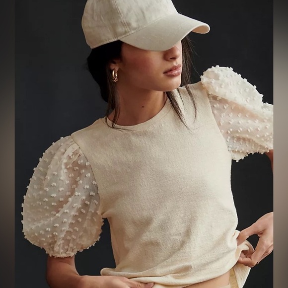 Anthropologie || Maeve Woven Puff-Sleeve Top Ivory Medium - Picture 1 of 8